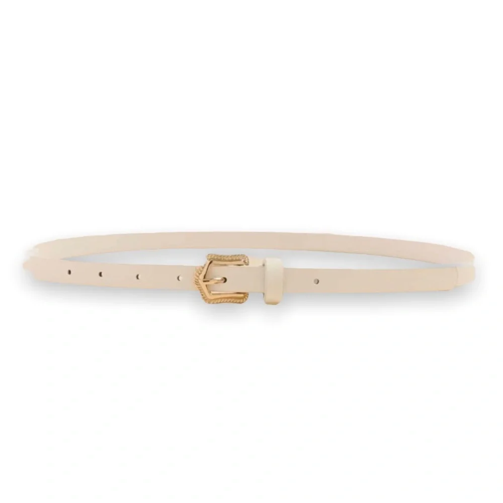 New White Faux Leather Everyday Wear Belt With Gold Tone Engraved Buckle